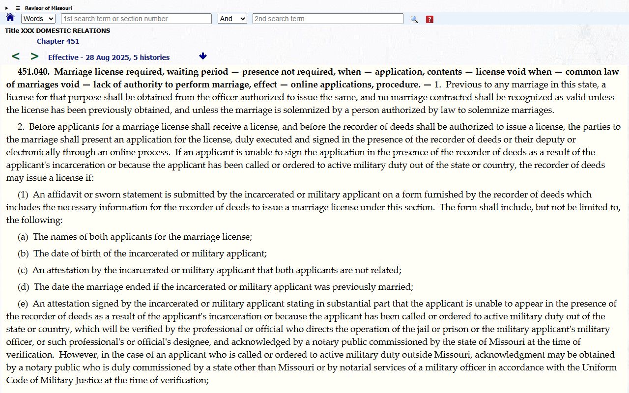 Gasconade County marriage records Missouri marriage license statute