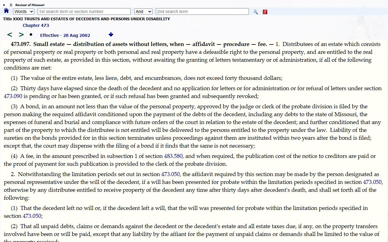 Gasconade County probate records Missouri small estate statute